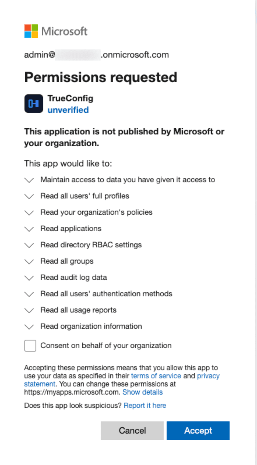 Microsoft OAuth consent dialog showing TrueConfig requesting read-only permissions